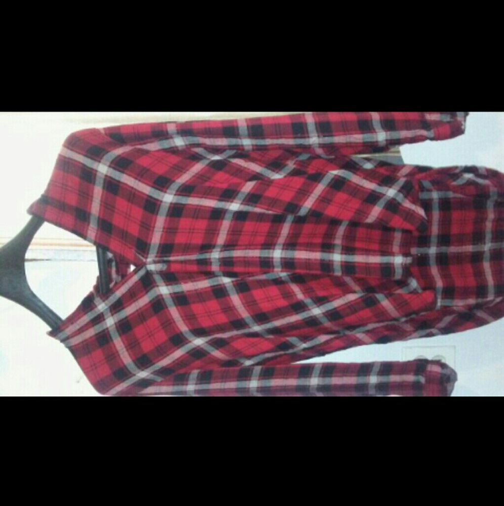 Red flannel with black and white stripes